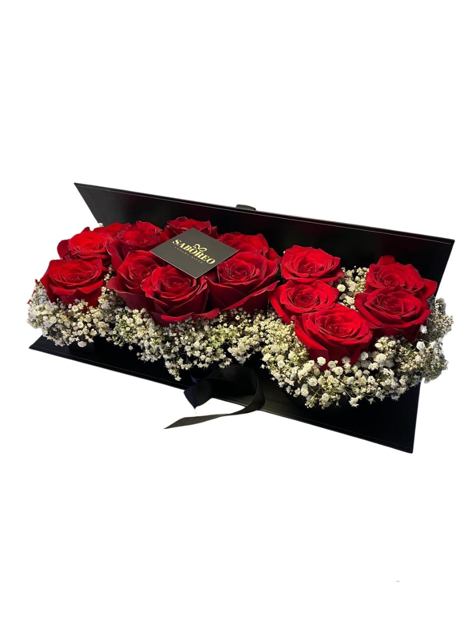 Black box with red roses and baby's breath on a white background