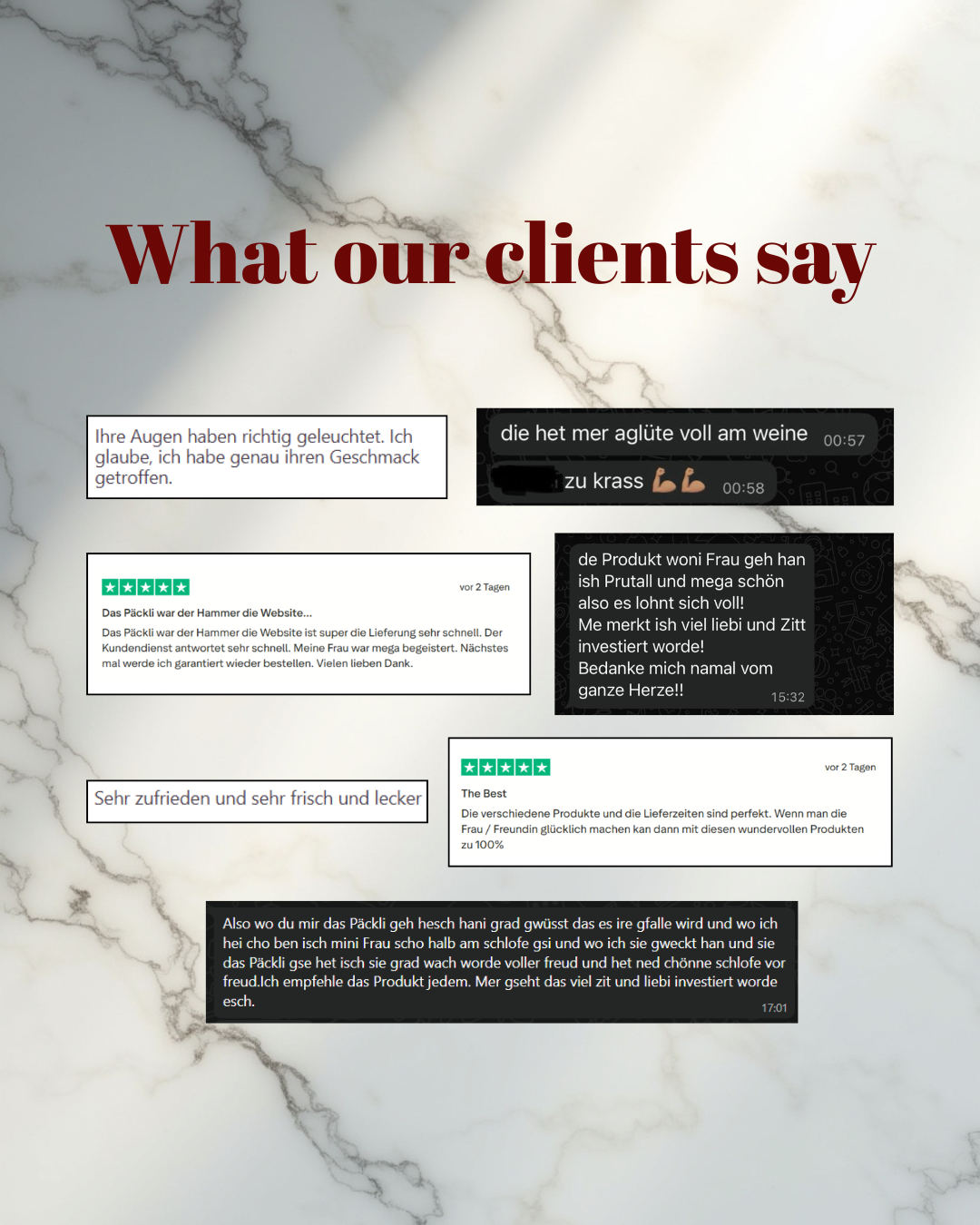 Text section titled 'What our clients say' on a marble background with chat interface elements. luxury chocolate-covered strawberries with gold leaf Zürich