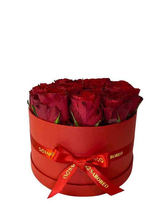 Red roses in a box with a red ribbon on a white background